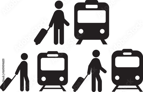 People and trains silhouette icons for travel