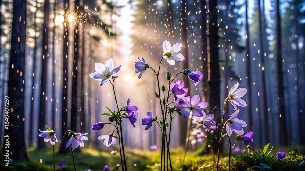 Obraz premium Whimsical Rain Shelter: Purple & White Flowers Protecting Insects in Pine Forest Silhouette