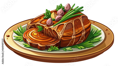 Braised pork shoulder with chives is savory dish featuring tender meat glazed in rich sauce, garnished with fresh herbs. This comforting meal is perfect for gatherings and special occasions white  bac