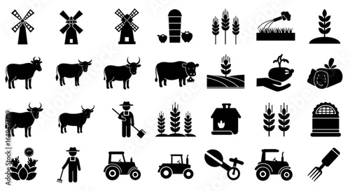 Capturing agricultural life with iconic farm symbols, livestock, and machinery for a robust harvest.