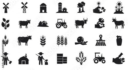 Farm life icons capture rural agriculture, livestock, and harvest with charming simplicity