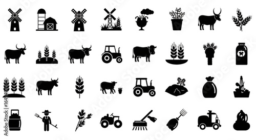 Diverse farm icons featuring tractors, cows, windmills, and crops create a vibrant agricultural collection.