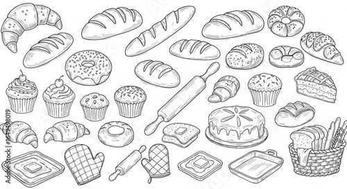 Whimsical bakery assortment featuring fresh bread, croissants, donuts, muffins, pies, and baking tools