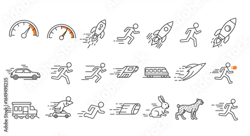 Dynamic collection of speed icons featuring rockets, runners, cars, trains, and animals in motion