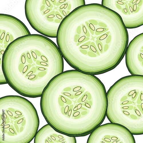 Close-up of numerous fresh green cucumber slices.