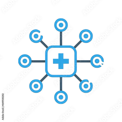 Healthcare innovation hub icon, futuristic medical network nodes, minimal clean design, white background