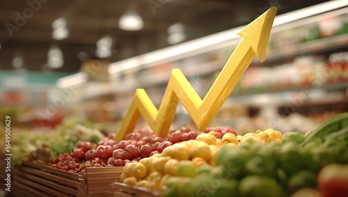 Yellow Arrow Graph Rising Above Fresh Produce in Supermarket Aisle chart upward trend