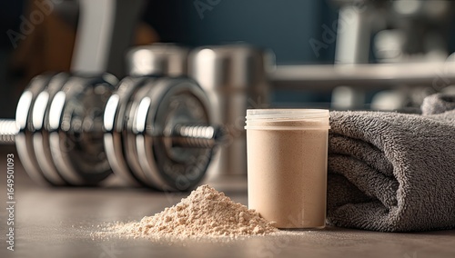 Fitness supplement powder on a gym surface with weights and a towel