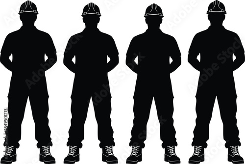 Construction workers, silhouette team, hard hats, labor force, industrial safety, teamwork concept, worker illustration, black and white, standing row, professional crew