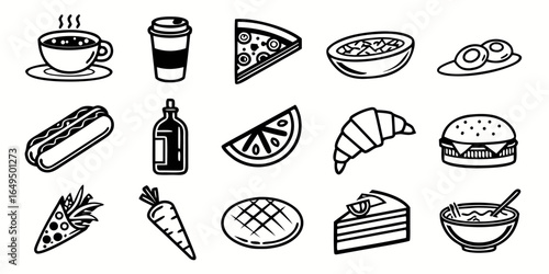 A vibrant vector illustration set of food and drink icons, including breakfast, fast food like burgers and pizza, and cafe items such as coffee and cake, perfect for restaurant menus