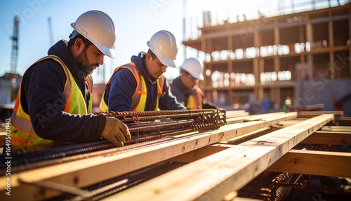 A lively worker uses safety gear to organize rebar and materials at a high-rise building framing construction site.