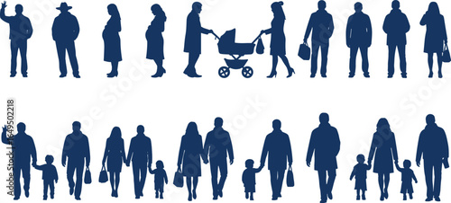 Family silhouette illustration, diverse people, walking figures, pregnant woman, stroller icon, holding hands, standing pose, waving gesture, black and white, vector design