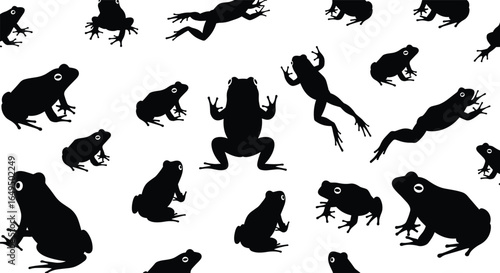 Frog silhouette illustration, amphibian poses, wildlife design, nature theme, jumping frog, sitting frog, black and white, vector art, animal icon, frog clipart, educational graphic