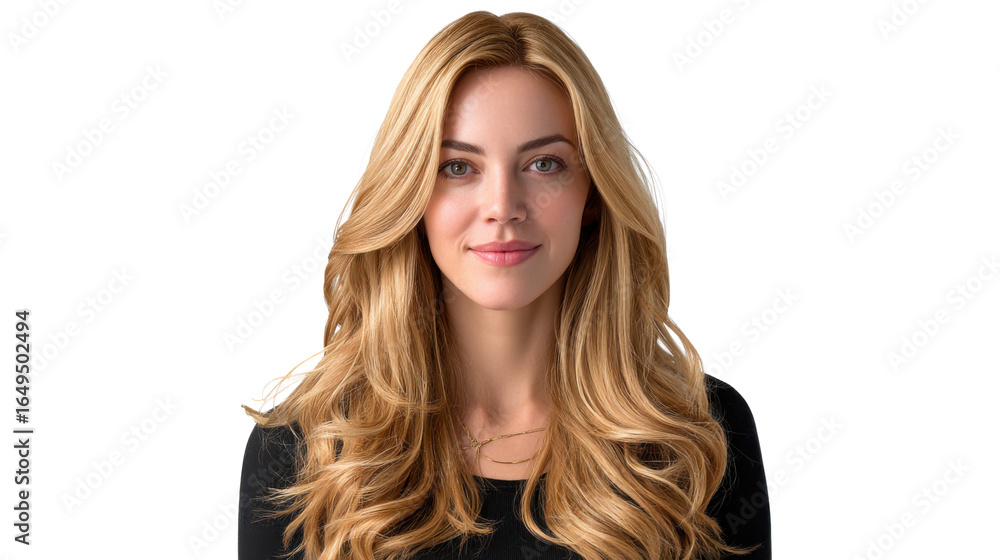 Naklejka premium Radiant Portrait: A portrait captures the beauty of a young woman, radiating confidence and natural beauty, with her long, flowing blonde hair cascading around her face.