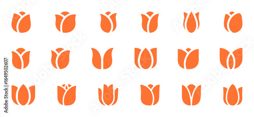 A large set of simple and stylized orange tulip flower icons, depicting various stages of blooming and different angles, on a clean white background.
