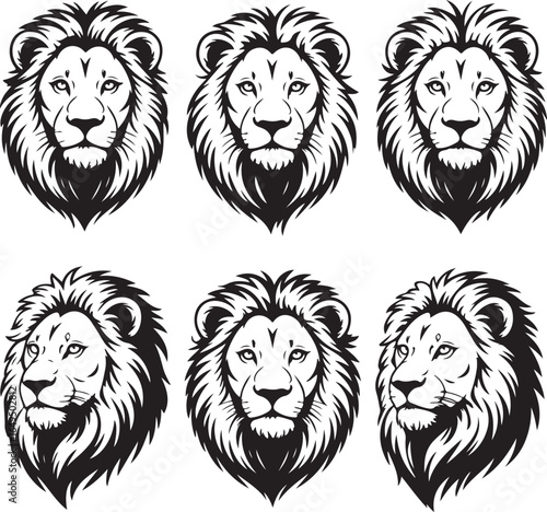 Six Stylized Lion Head Illustrations Facing Front and Left lions drawing