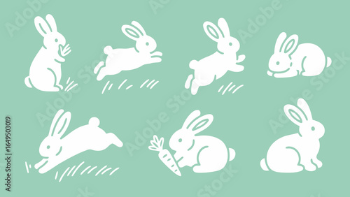 A cute and simple collection of white rabbit icons in various poses, representing animals, nature, and a playful aesthetic.