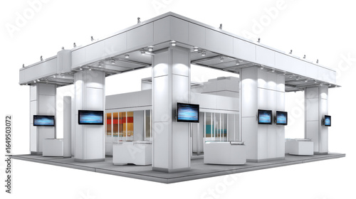 Modern Exhibition Booth: A meticulously crafted exhibition booth, showcasing a sleek design and contemporary aesthetic, ready to captivate with its minimalist appeal and structural elegance.