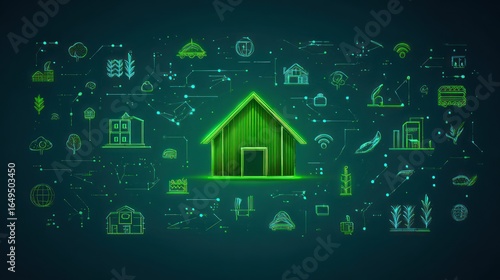 Green house surrounded by digital symbols on a circuit board background