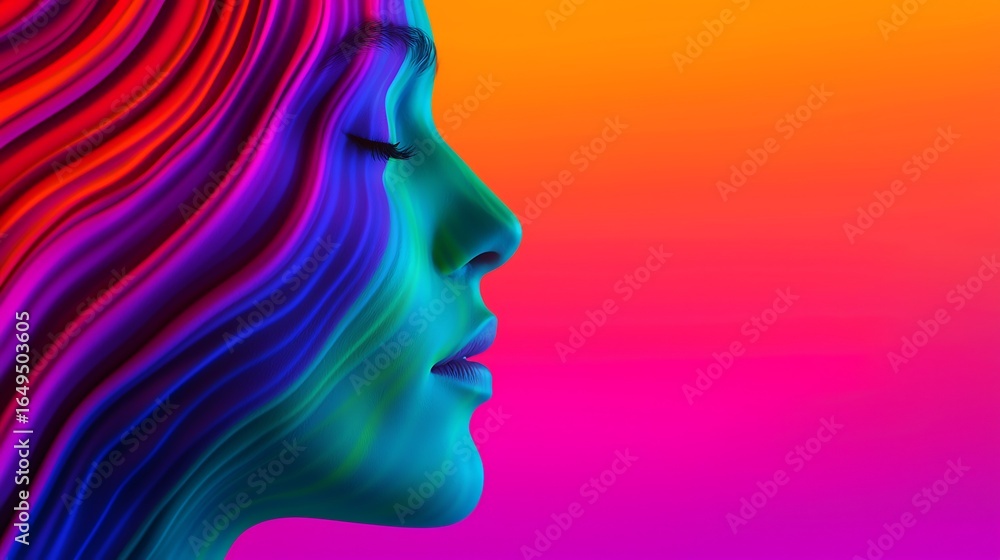 A vibrant, colorful side profile of a woman, featuring flowing, wavy lines and a gradient background transitioning from orange to pink. A vibrant, colorful side profile of a woman, featuring flowing, wavy lines and a gradient background transitioning from orange to pink.