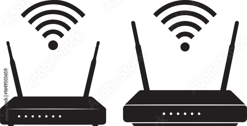 Two wireless routers broadcasting signal silhouette