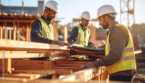 A lively worker uses safety gear to organize rebar and materials at a high-rise building framing construction site.