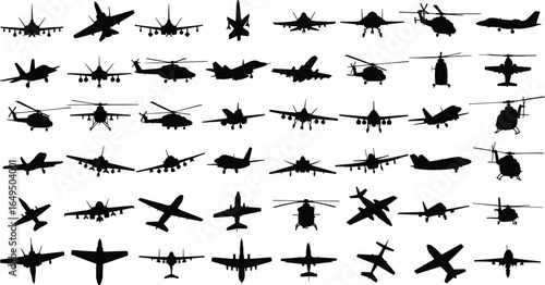Military aircraft and helicopter silhouettes, fighter jets, warplanes, aviation icons, black vector shapes, combat helicopters, war aircraft design, flight symbols, transport planes