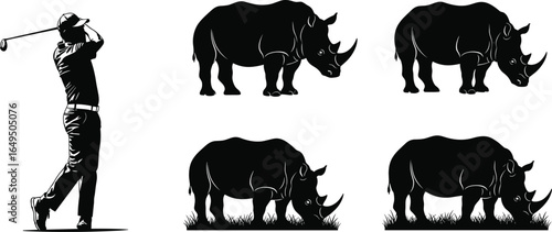 Silhouette golfer swinging club, rhinos grazing and standing, wildlife meets sports, black and white vector, nature, activity, illustration, contrast