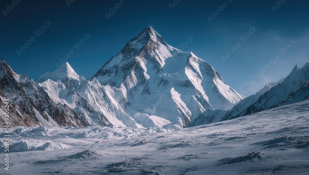 Fototapeta premium Majestic snow-capped peak, a panorama of a high mountain range under a clear, vibrant blue sky. Vast expanse of white snow and ice