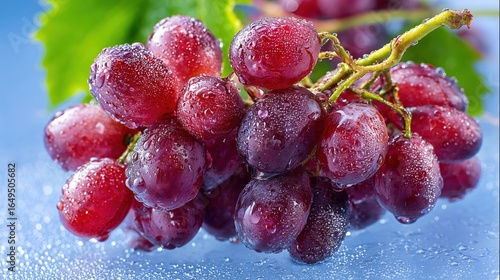 Vibrant Bunch of Red Grapes with Dew Drops on a Blue Background