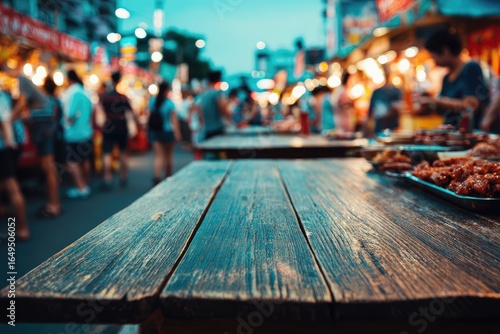 Wallpaper Mural Wooden table at a bustling Asian street food market at twilight Torontodigital.ca