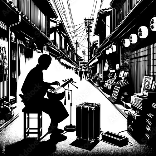 Japanese Street Performer Playing Shamisen