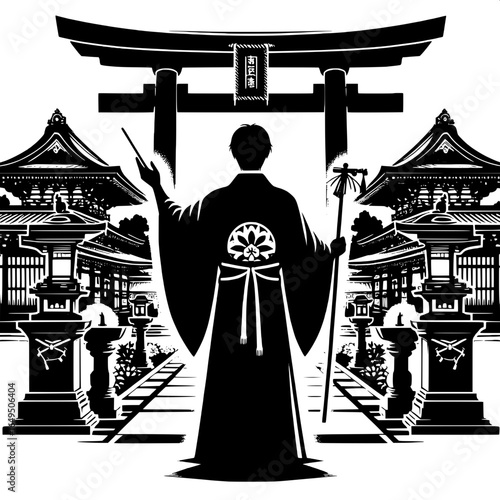 Shinto Priest Performing Ritual at Shrine