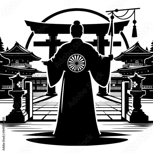 Shinto Priest Performing Ritual at Shrine