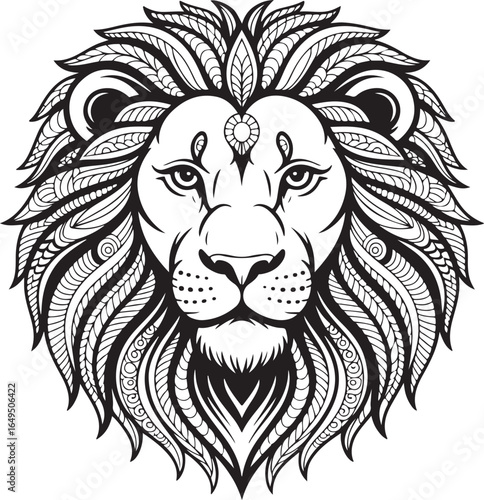 Ornate black and white lion head with intricate patterned mane and forehead jewel face animal