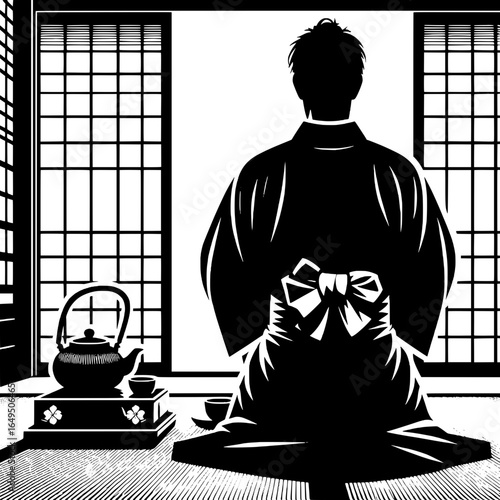 Traditional Japanese Tea Ceremony with Backside View of a Man in Kimono