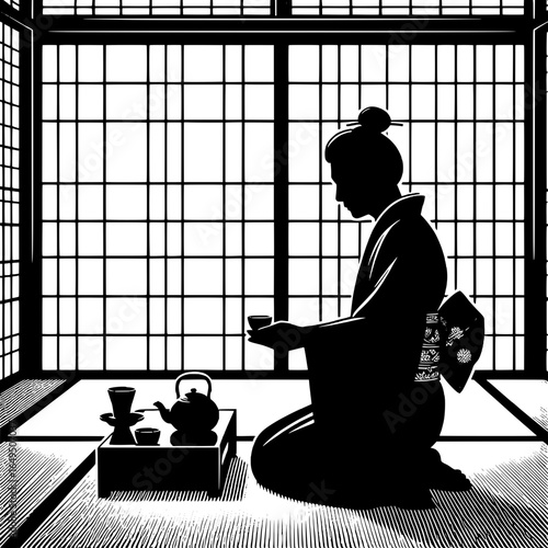 Traditional Japanese Tea Ceremony with Backside View of a Man in Kimono