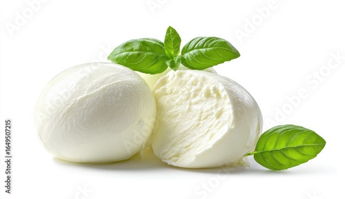 Two fresh mozzarella balls, one sliced, with basil leaves