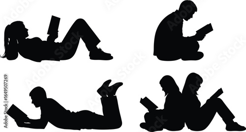 Silhouette of people reading books, sitting, lying down, relaxing, enjoying literature, education, leisure, study, black and white, group, individual, learning, peaceful,