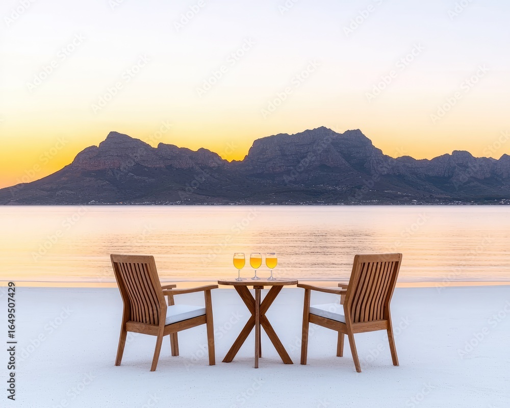 Fototapeta premium An idyllic outdoor scene features a small table and chairs with drinks, overlooking calm water and majestic mountains. 
