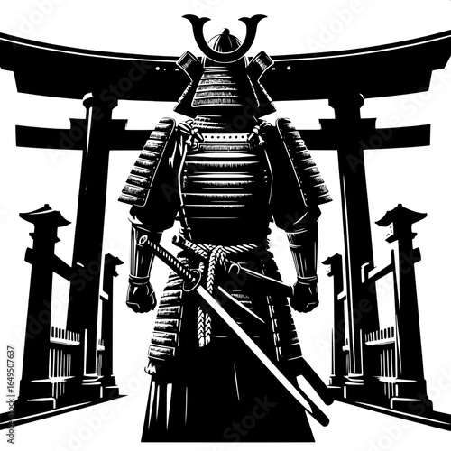 Samurai Warrior Holding Katana in Front of Torii Gate