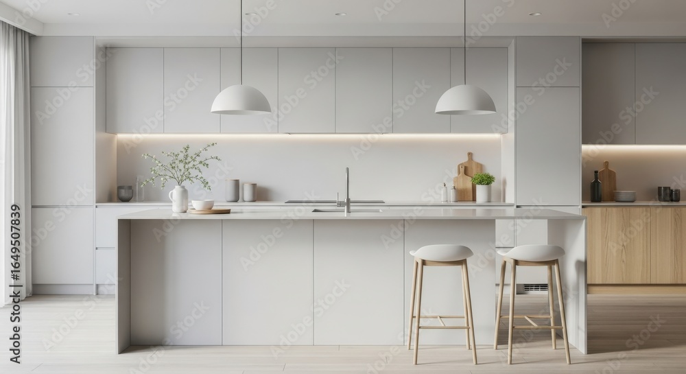 Fototapeta premium Modern, minimalist kitchen interior with light gray cabinets, a large island, and pendant lights.