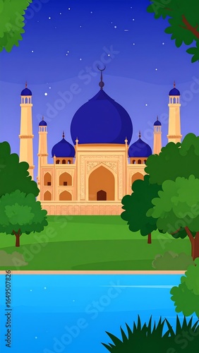 Mosque at night, serene garden