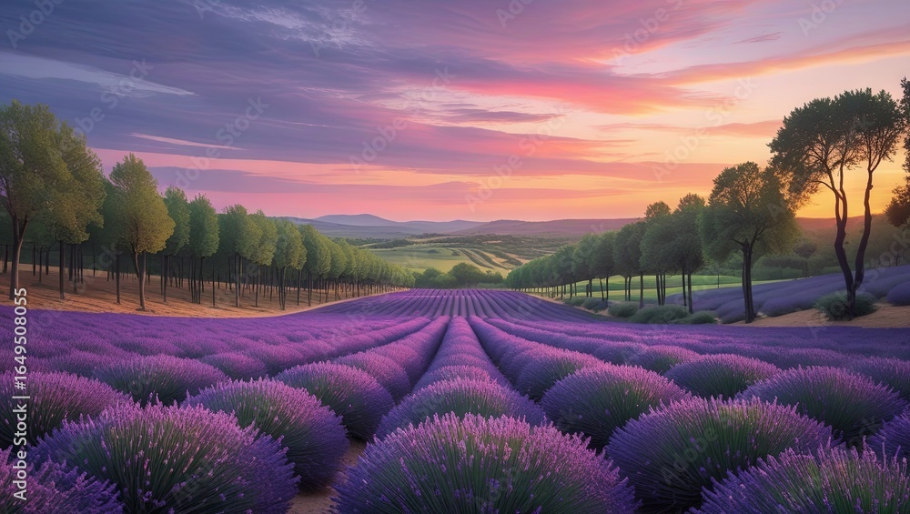 Obraz premium Beautiful natural landscape with blooming lavender fields under an amazing sunset, featuring a moody sky, pastel tones, and a panoramic view lined with trees along the horizon