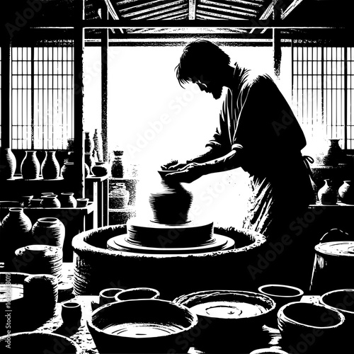 Japanese Potter Shaping Clay on Spinning Wheel