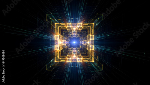 Abstract Digital Light Tunnel with Glowing Squares.