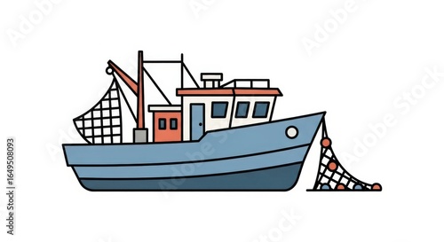 Simple illustration of a fishing boat with fishing nets.