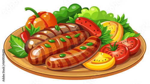 Juicy grilled sausages served with colorful peppers and fresh herbs create vibrant and appetizing dish. combination of flavors and textures makes it delightful meal  white  background 