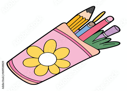 Hand holding a pencil drawing a colorful cartoon food icon set on a sea beach during summer holiday design