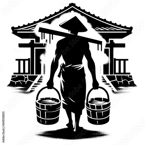 Man Carrying Wooden Buckets at Japanese Onsen